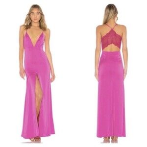 NBD NWT Helen Slip Maxi Dress Women’s Size Small Lace Back Front Slit Satin